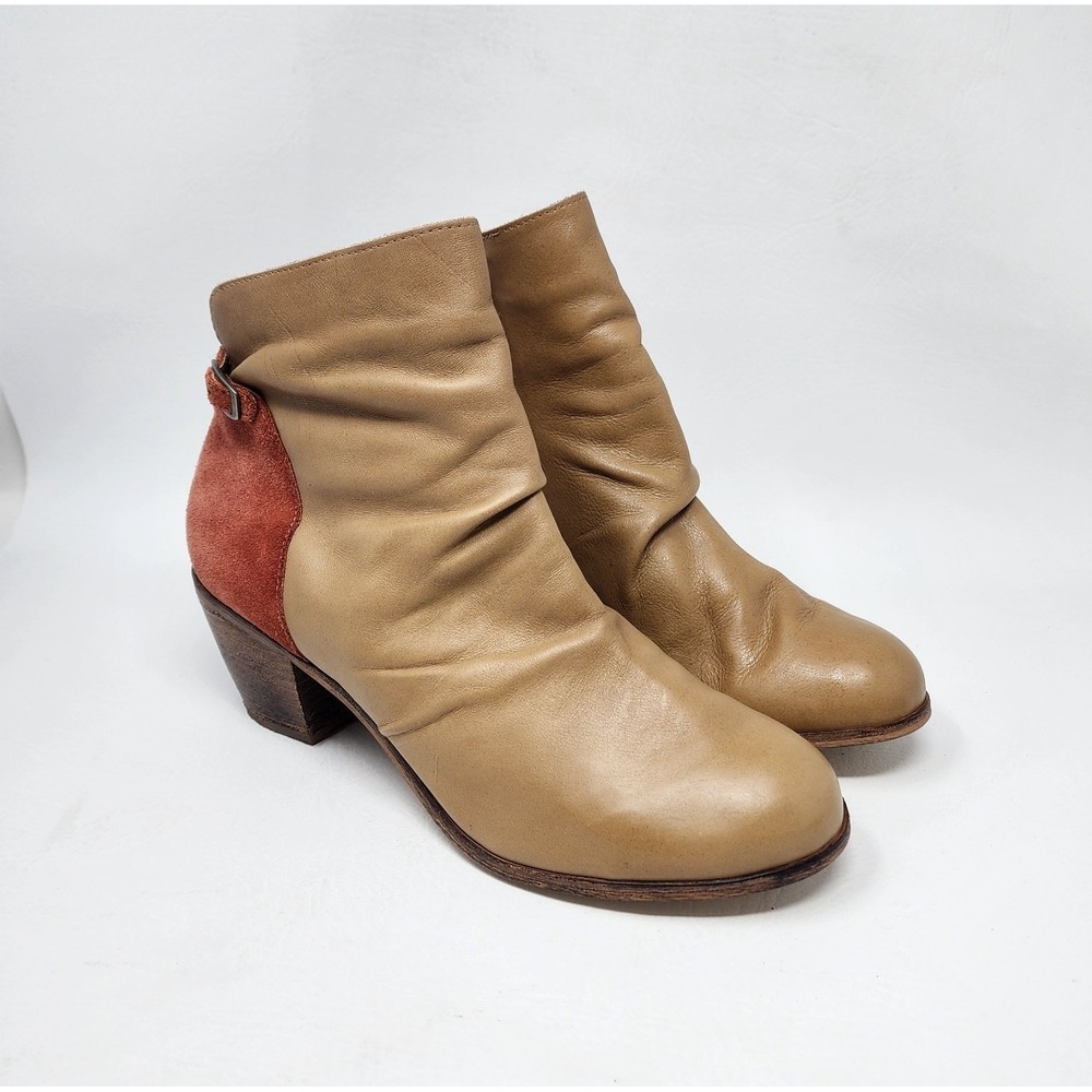 Matisse Lorenzo Color-Block Booties Sz 10M Tan/Rust Zip Up 2.5" Heel Casual
